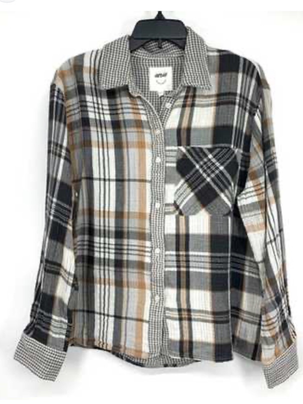 Plaid Button-Up Shirt in Black, White & Brown